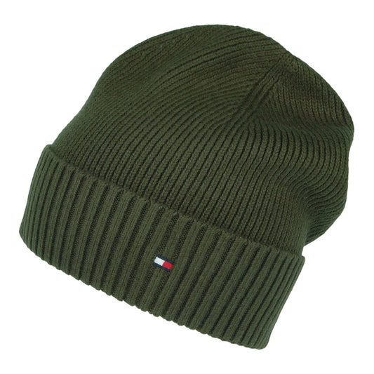 Tommy Hilfiger Pima Essential Flag Beanie Mütze aus Baumwoll-Kaschmir - Olivgrün