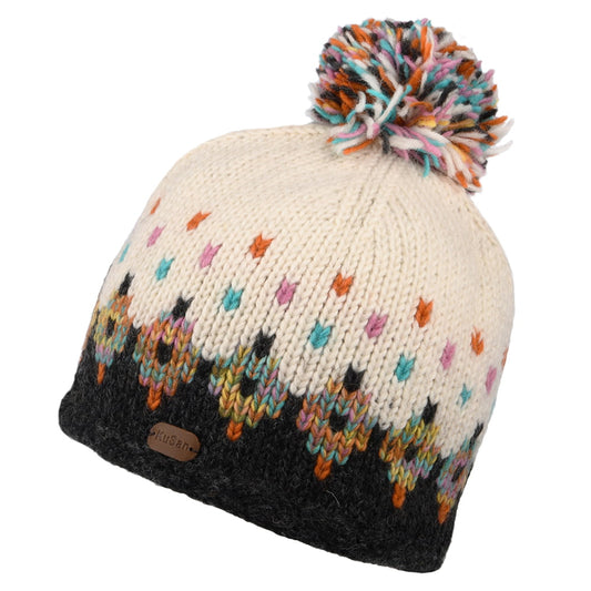 Kusan Snowy Bommelmütze Fair Isle - Cremefarben- Anthrazit