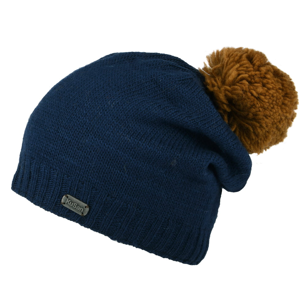 Kusan Kontrast Bommel Slouch Bommelmütze - Marineblau