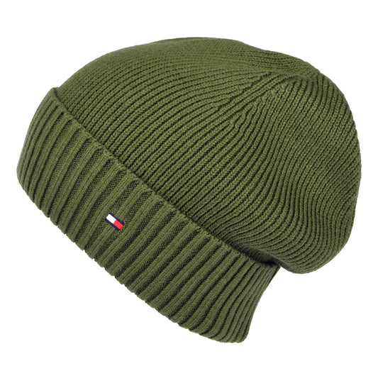 Tommy Hilfiger Pima Essential Flag Beanie Mütze aus Baumwoll-Kaschmir - Militärgrün