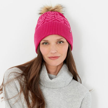 Joules Elena Cable Knit und Kunstfell Bommel Bommelmütze - Rosa