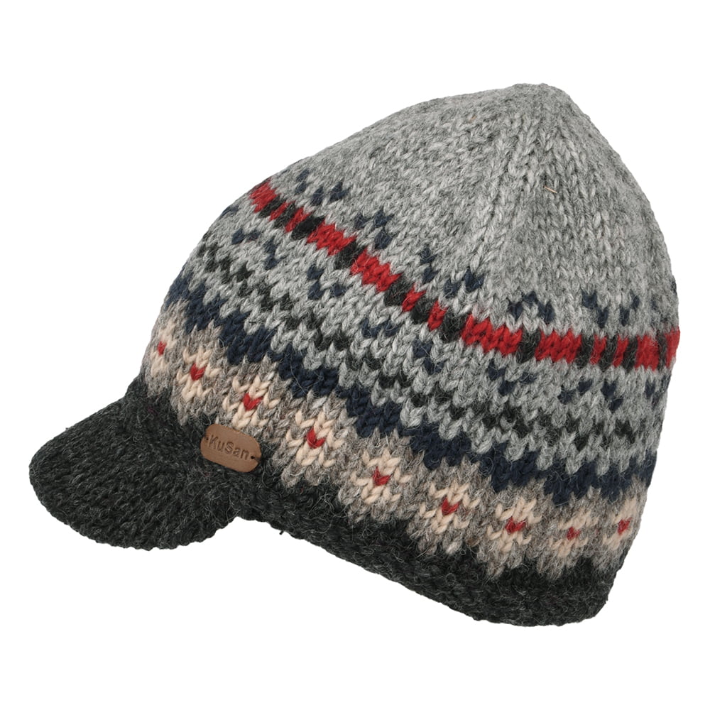 Kusan Brooklyn Beanie Mütze mit Visier Fair Isle - Grau-Anthrazit