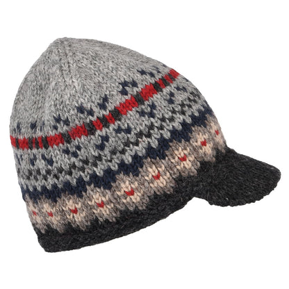 Kusan Brooklyn Beanie Mütze mit Visier Fair Isle - Grau-Anthrazit