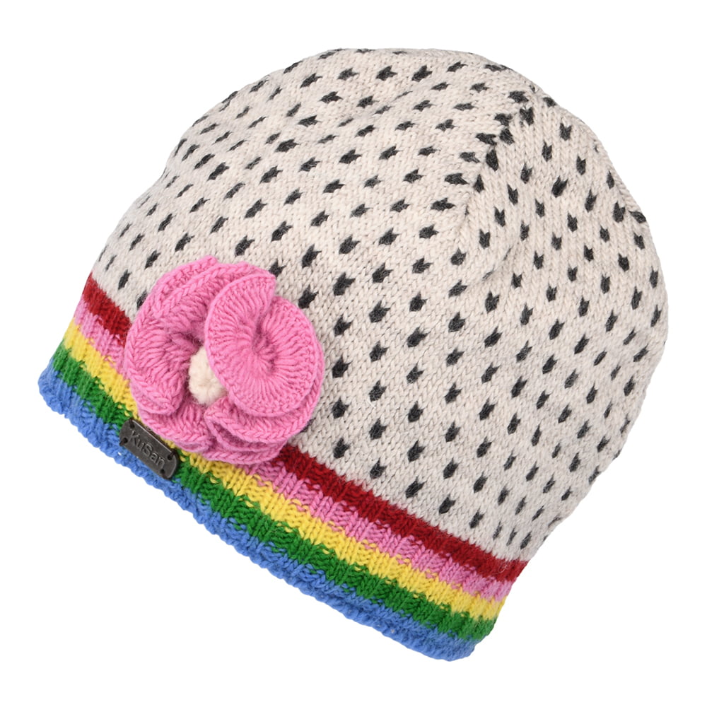 Kusan Brooklyn Fine Gauge Blume Beanie Mütze - Weiß-Multi