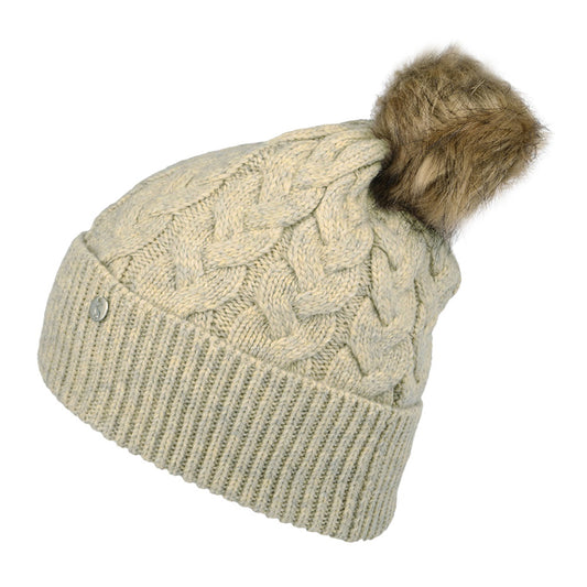 Joules Elena Cable Knit und Kunstfell Bommel Bommelmütze - Hellbeige
