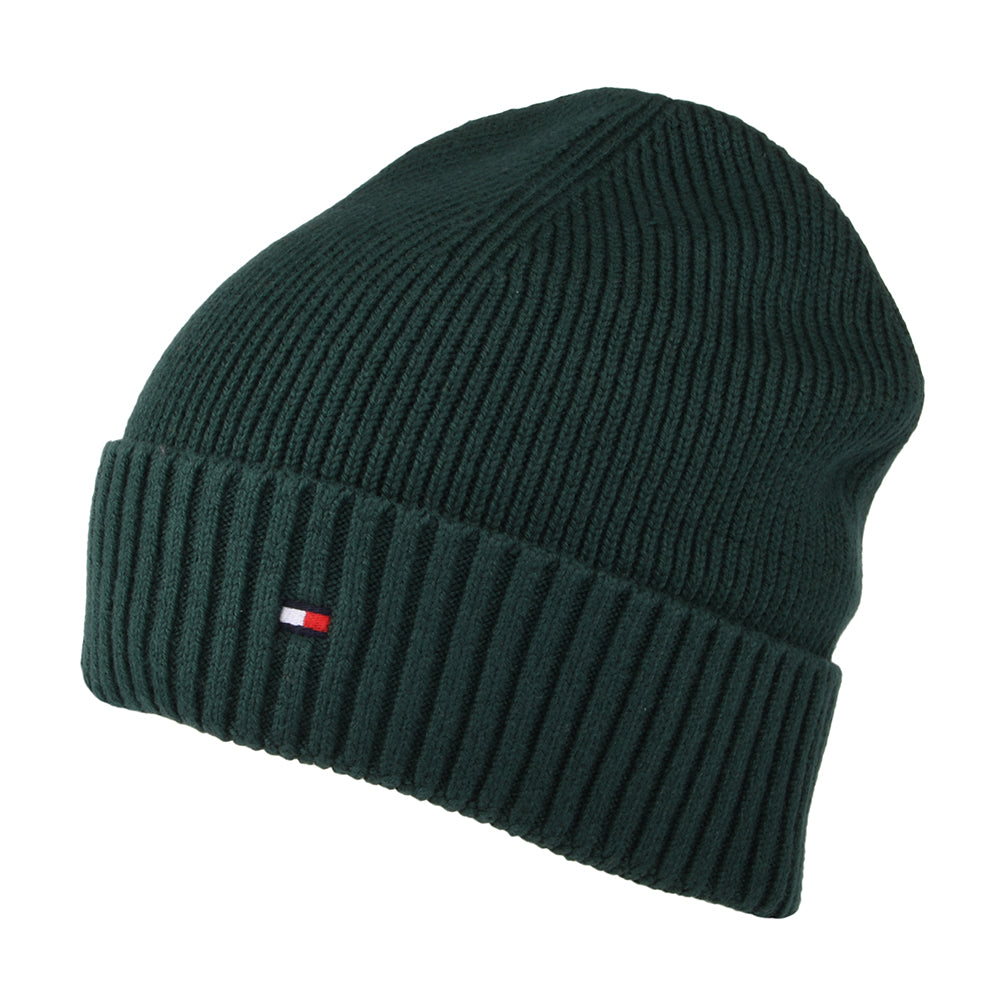 Tommy Hilfiger Pima Essential Flag Beanie Mütze aus Baumwoll-Kaschmir - Waldgrün