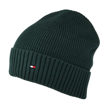 Tommy Hilfiger Pima Essential Flag Beanie Mütze aus Baumwoll-Kaschmir - Waldgrün
