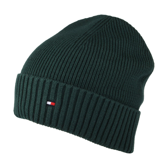 Tommy Hilfiger Pima Essential Flag Beanie Mütze aus Baumwoll-Kaschmir - Waldgrün