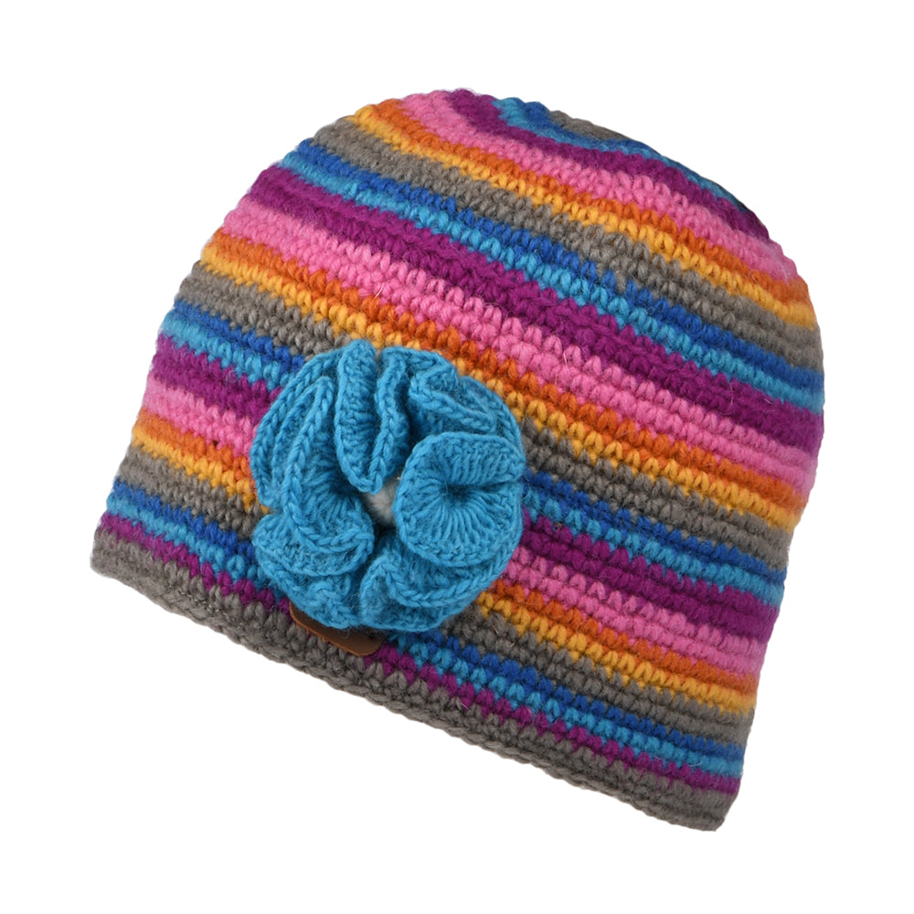 Kusan Gehäckelte Blume Beanie Mütze - Grau-Blau-Rosa