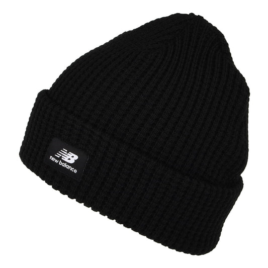 New Balance Beanie Mütze mit Umschlag und Waffelstrickmuster - Schwarz
