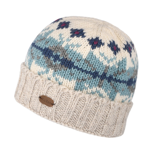 Kusan Schneeflocke Turn Up Beanie Mütze - Creme