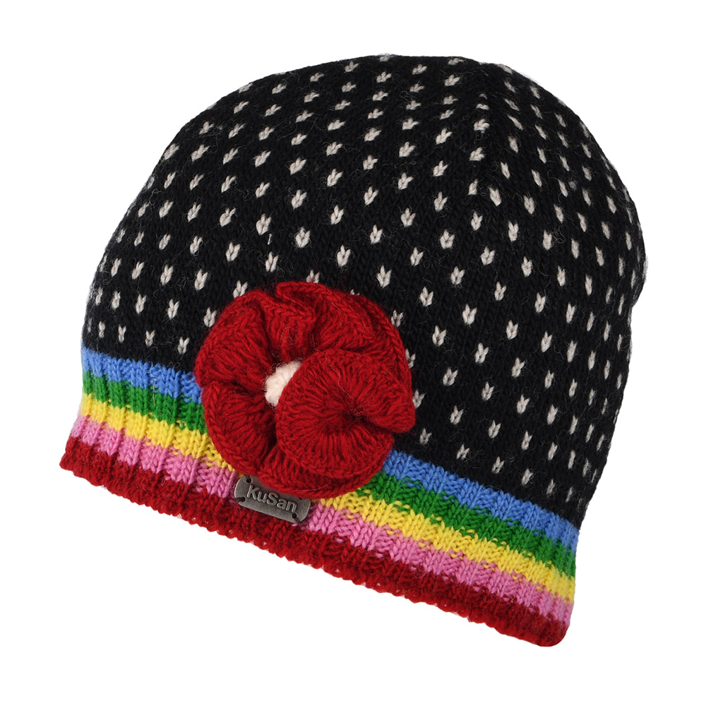 Kusan Brooklyn Fine Gauge Blume Beanie Mütze - Schwarz-Multi